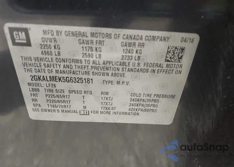 2016 GMC Terrain Sle-1 из США, поврежденный, VIN 2GKALMEK5G6325181